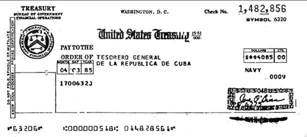 1985 check from the United States, paying to lease GTMO. Since Fidel Castro came to power, Cuba has refused to cash the check, and does not acknowledge the legitimacy of the tenancy.